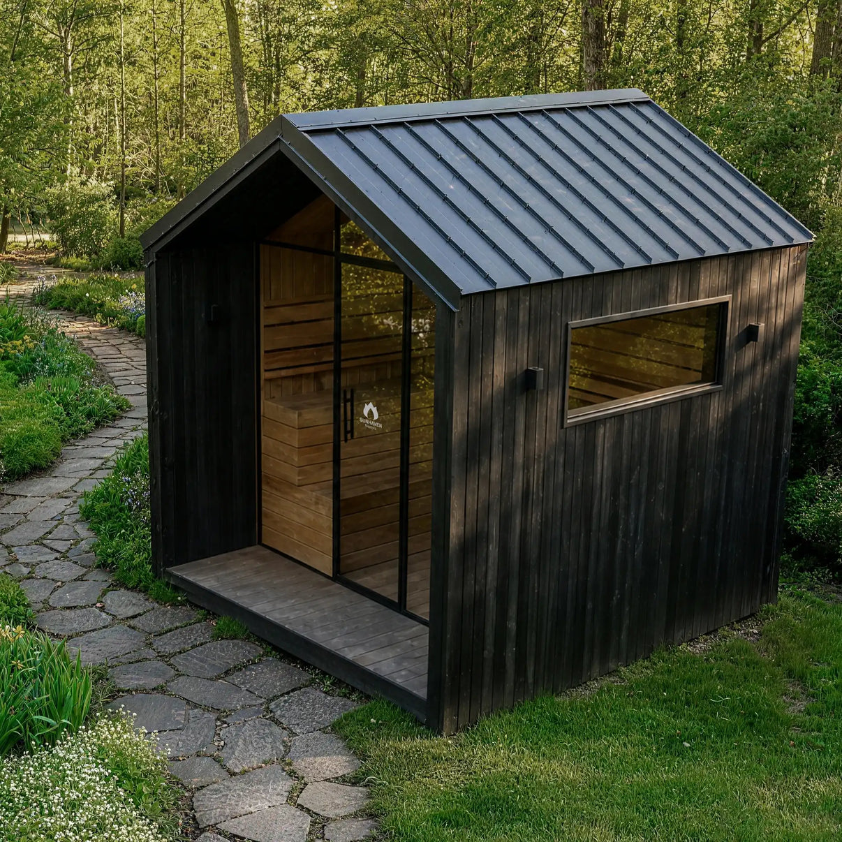 Nestora 7-8 Person Luxury Outdoor Steam Sauna Black with Panoramic