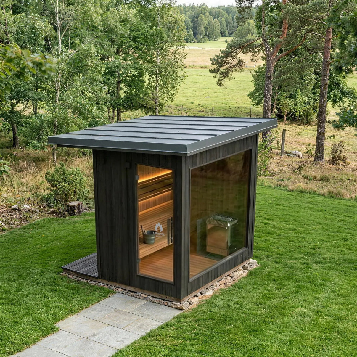Lunava Outdoor Steam Sauna 3-4 Person Luxe Black Red Cedar Harvia